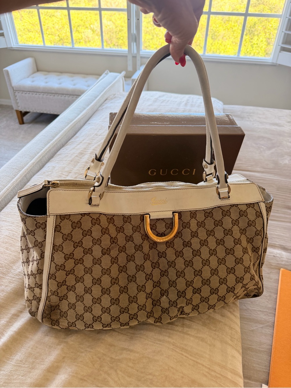 Gucci Beige GG Canvas Shoulder Bag with White Trim and Gold D-Ring Accent